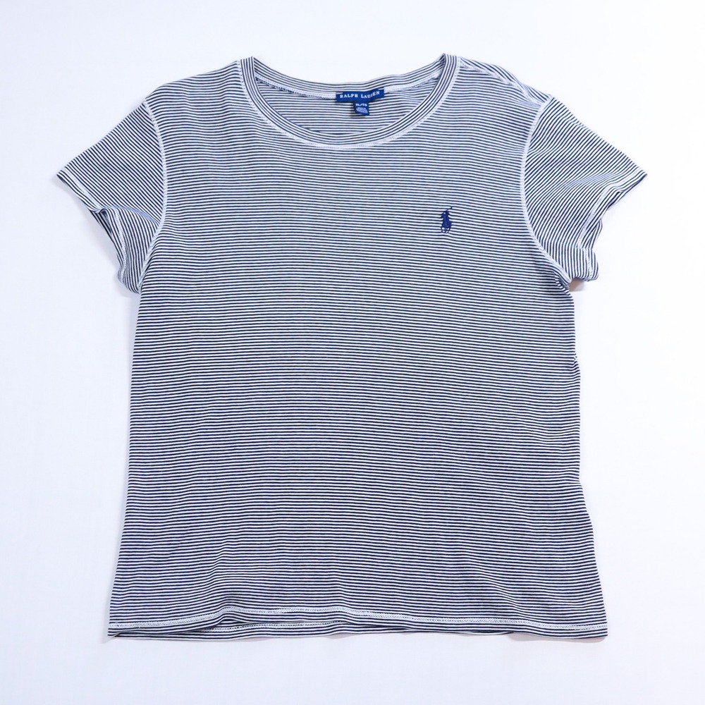 Ralph Lauren T-Shirt Women XL Blue White Stripe Short Sleeve Pony Preppy Vintage